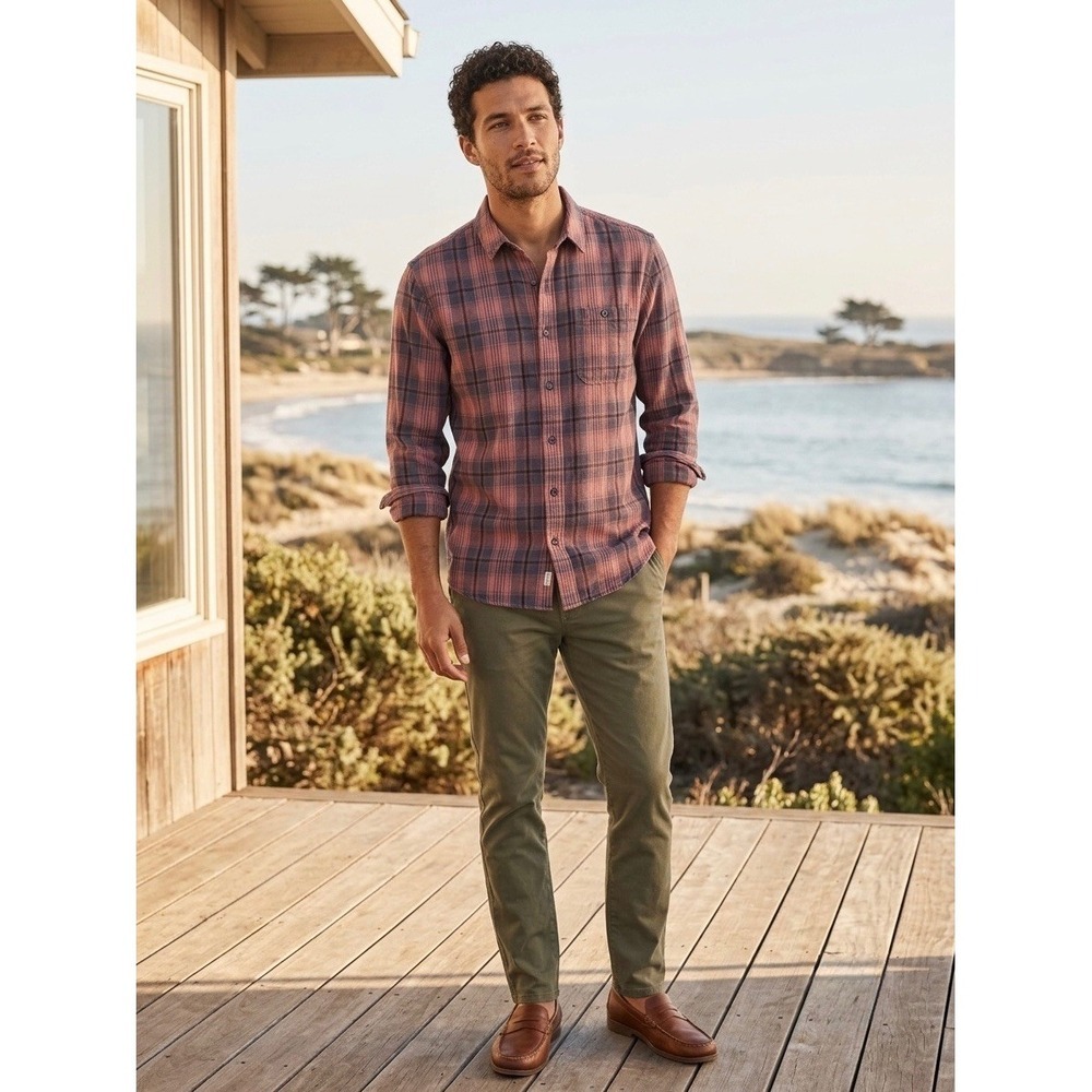 Marine Layer Marge Flannel Shirt Mens Red Navy Plaid Cotton Button Down
